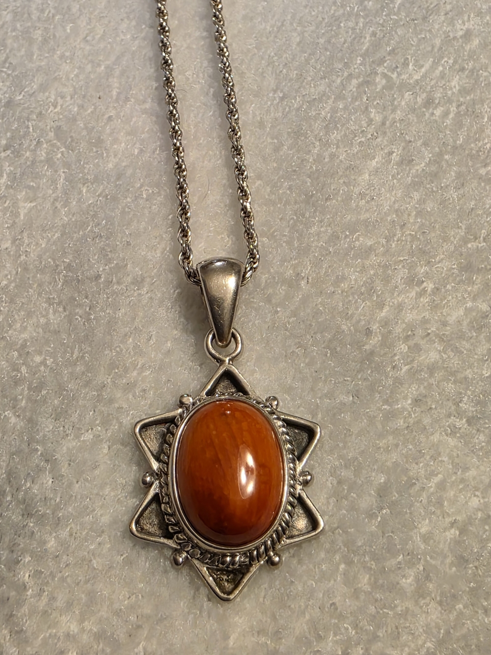 Sterling Silver Spiny Oyster Orange Stone Star Pendant Necklace
